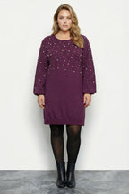 Plus Size Pearl and Stone Embroidered Soft Textured Purple Dress