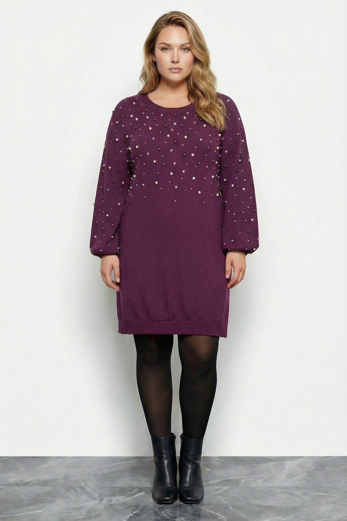 Plus Size Pearl and Stone Embroidered Soft Textured Purple Dress