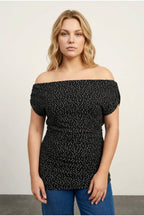 Plus Size Off-Shoulder Draped Sleeve Polka Dot Patterned Blouse