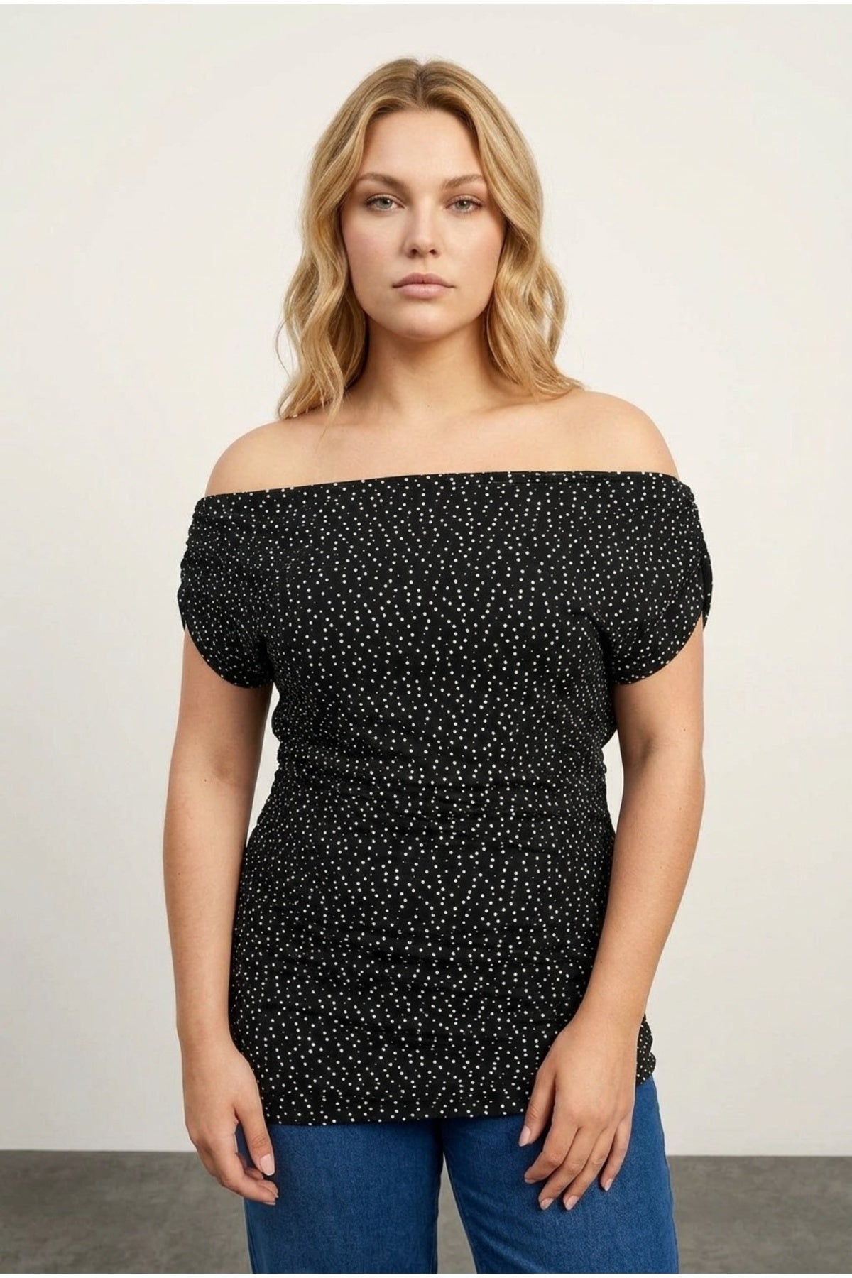 Plus Size Off-Shoulder Draped Sleeve Polka Dot Patterned Blouse