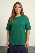 Plus Size Crew Neck Half Sleeve Slit Striped Mesh Blouse