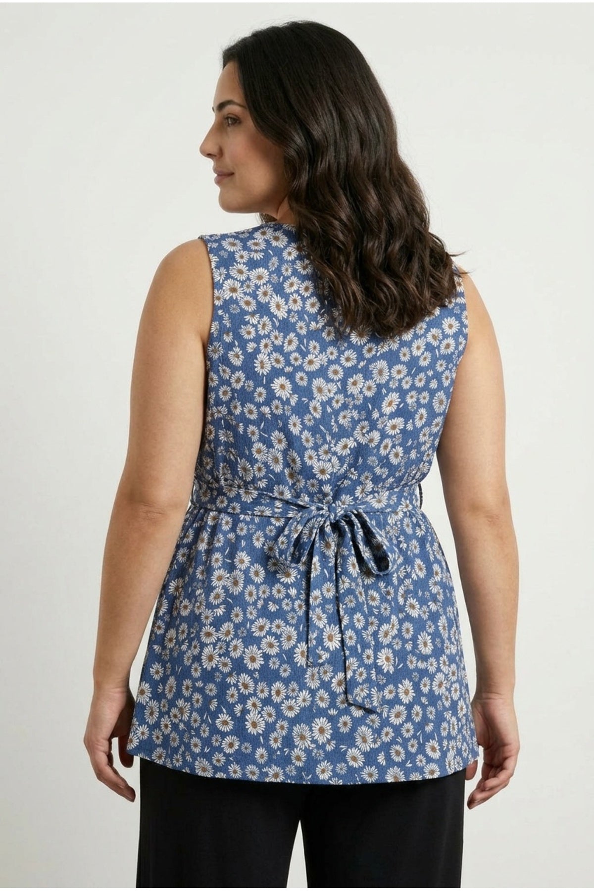 Plus Size V-Neck Sleeveless Floral Patterned Belted Wrap Blouse