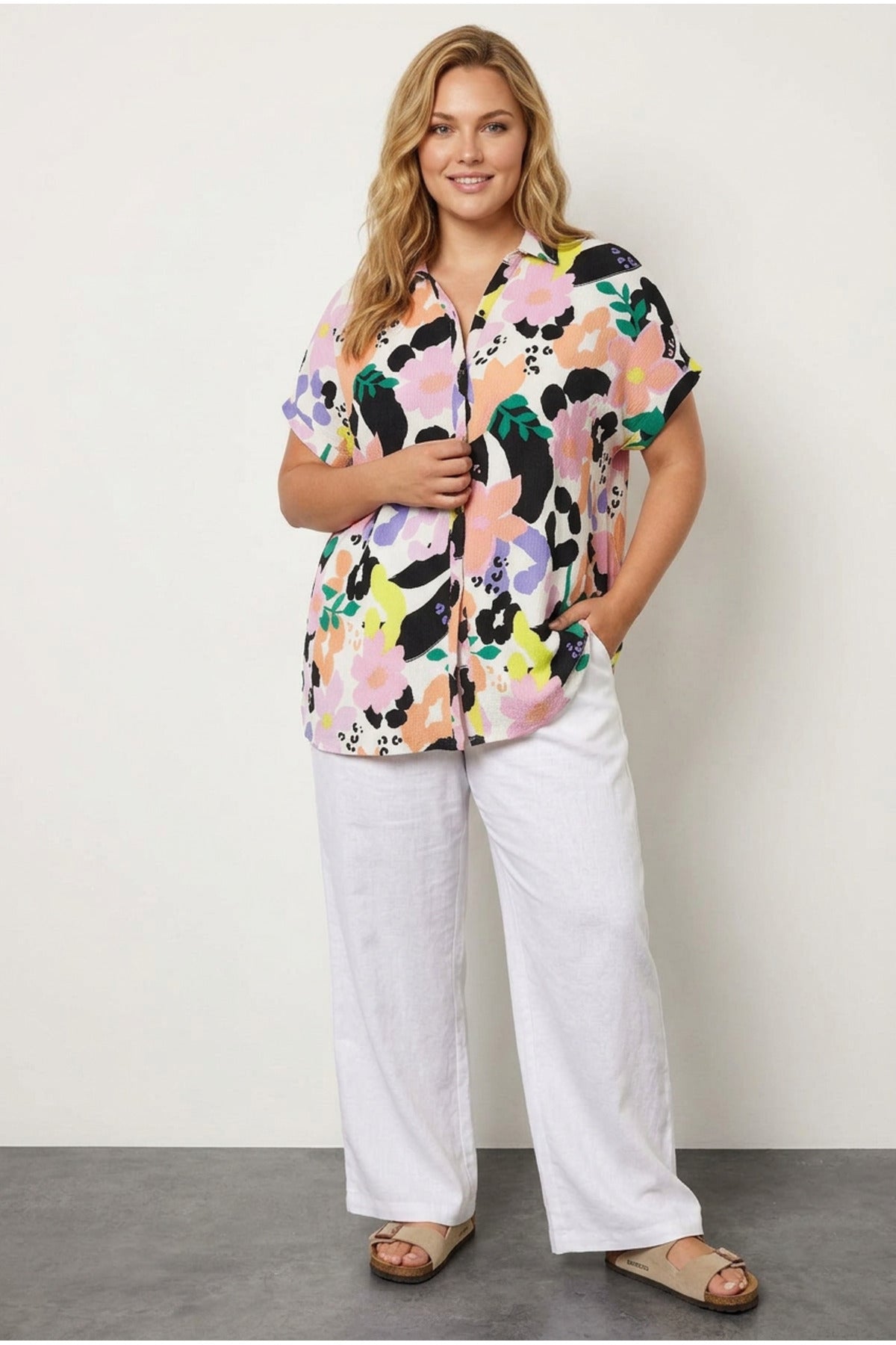 Plus Size Button-Front Short Sleeve Floral Print Shirt