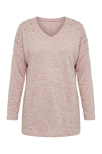 Plus Size V-Neck Long Sleeve Beaded Plush Sweatshirt