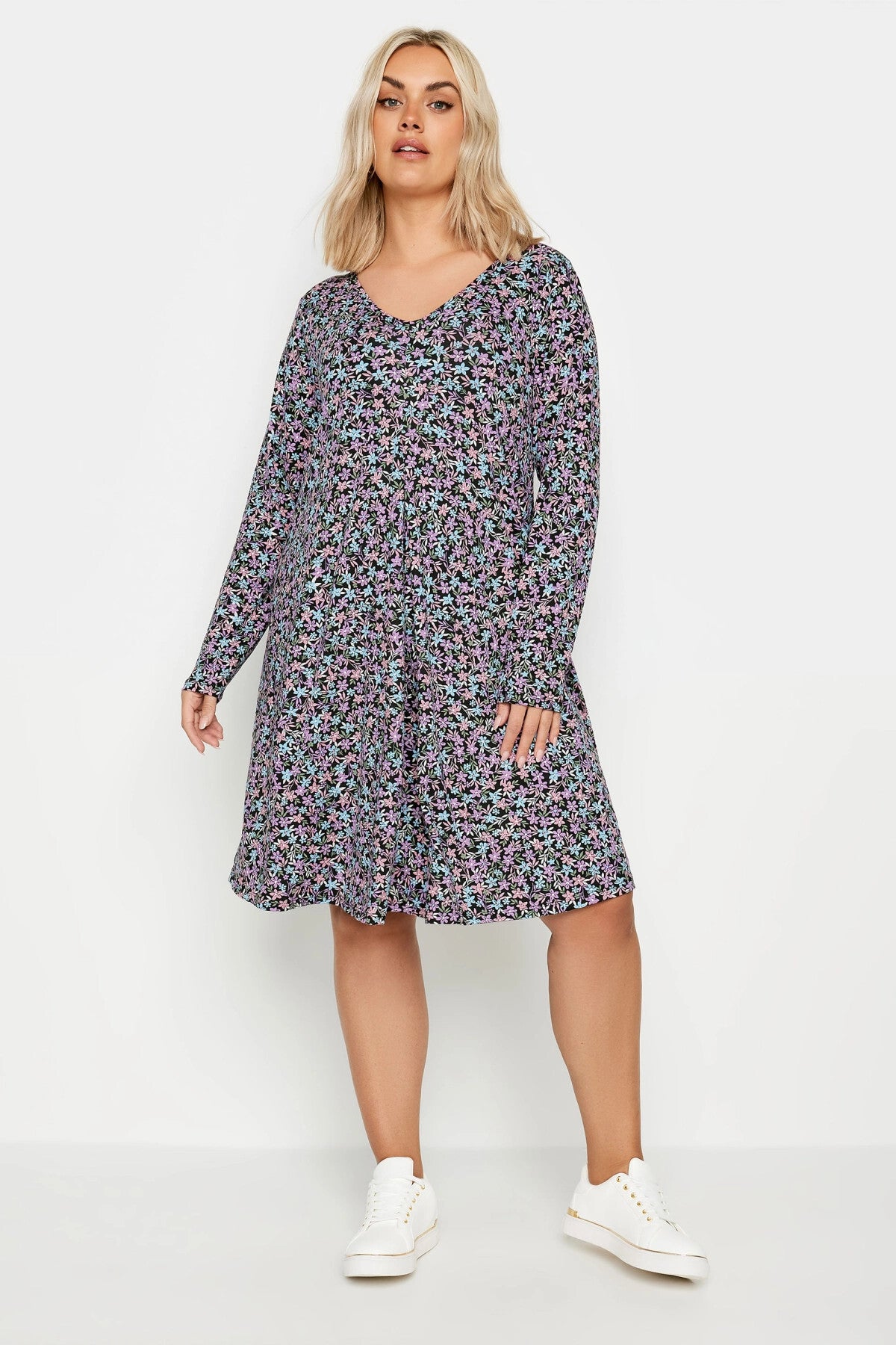 Plus Size V-Neck Long Sleeve Patterned Midi Length Dress