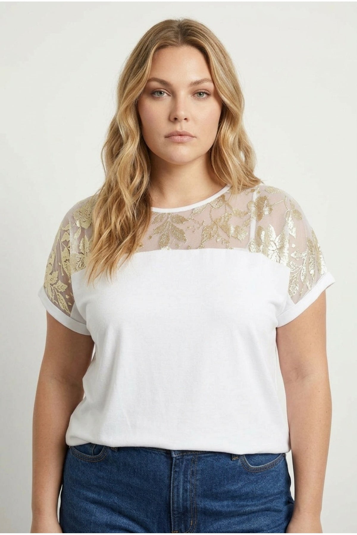 Plus Size Crew Neck Short Sleeve Sheer Yoke Blouse