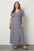 Plus Size V-Neck Patterned Belted Short Sleeve Wrap Dress