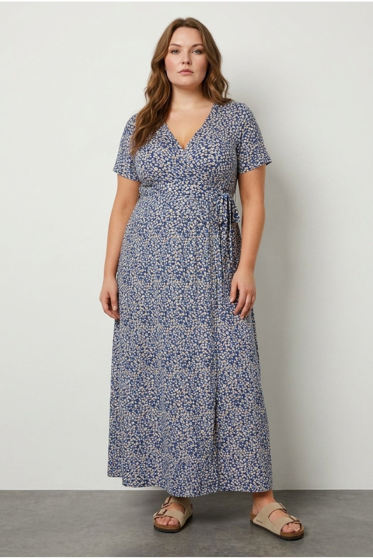 Plus Size V-Neck Patterned Belted Short Sleeve Wrap Dress