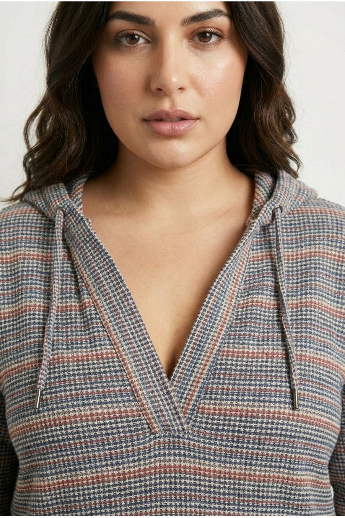 Plus Size V-Neck Long Sleeve Hooded Textured Stretchy Fabric Sweatshirt