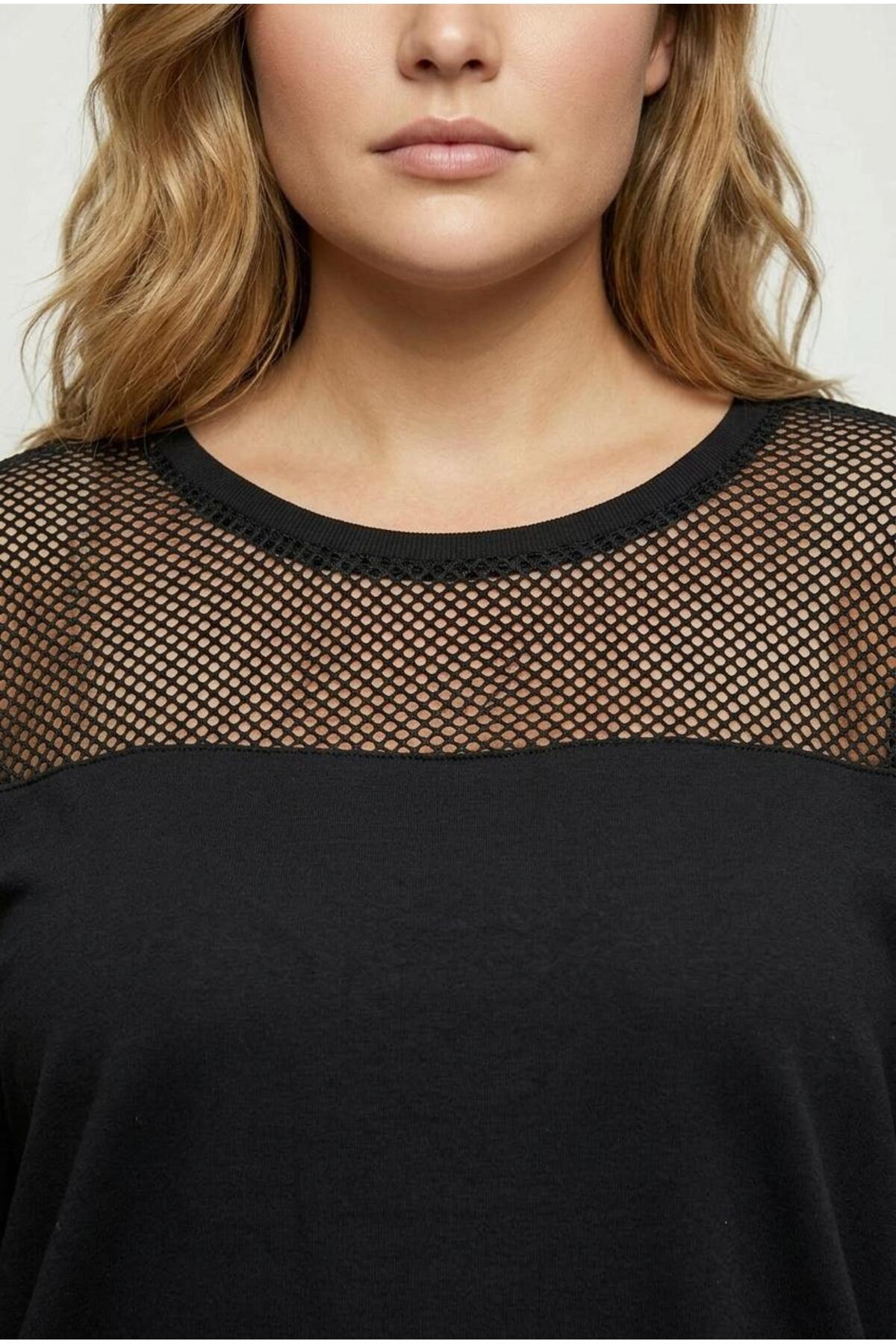 Plus Size Crew Neck Long Sleeve Mesh Detail Shoulder Sweatshirt