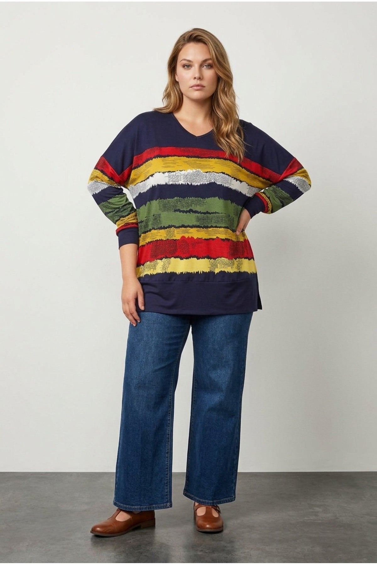 Plus Size V-Neck Striped Side Slit Long Sleeve Blouse