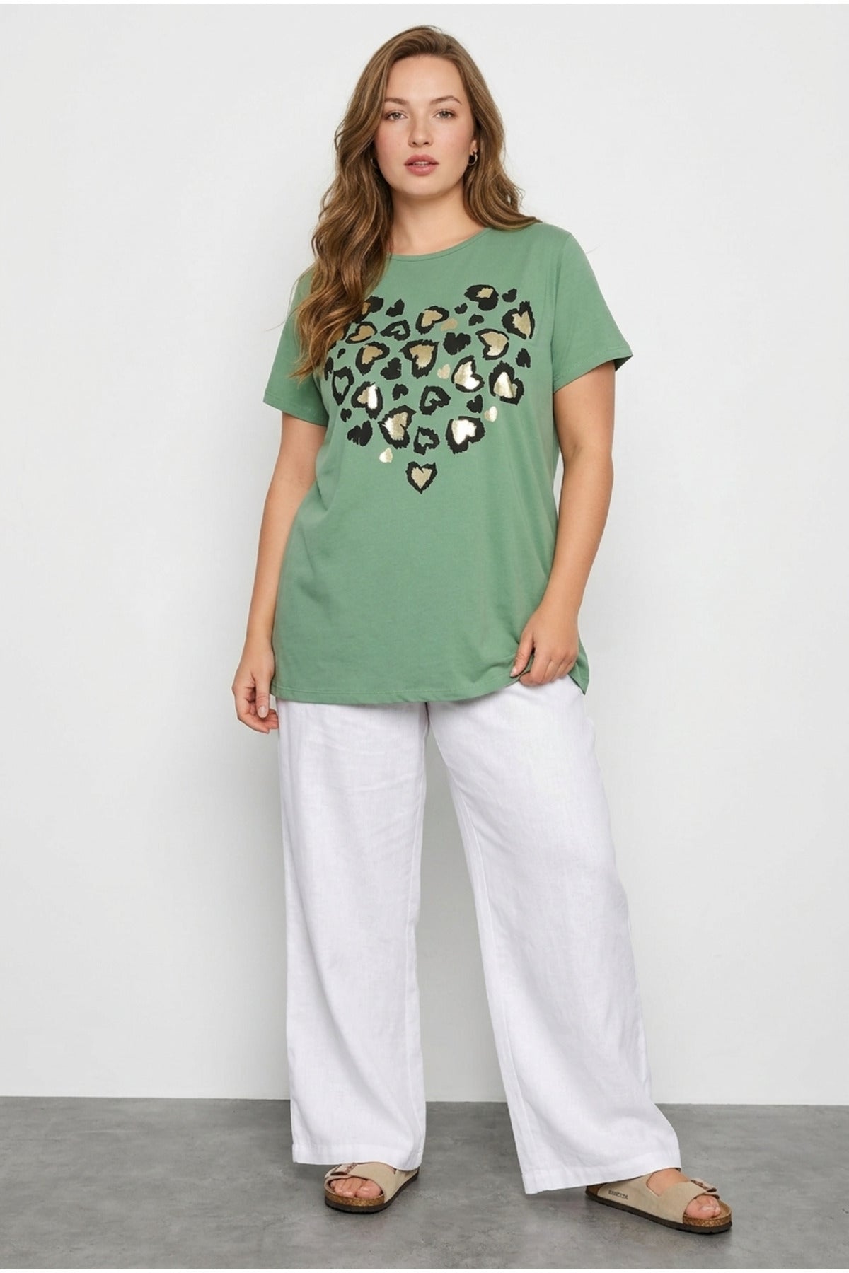 Plus Size Crew Neck Short Sleeve Shiny Printed Stretchy Fabric T-shirt