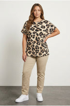 Plus Size Crew Neck Short Sleeve Eyelet Detailed Leopard Print Blouse