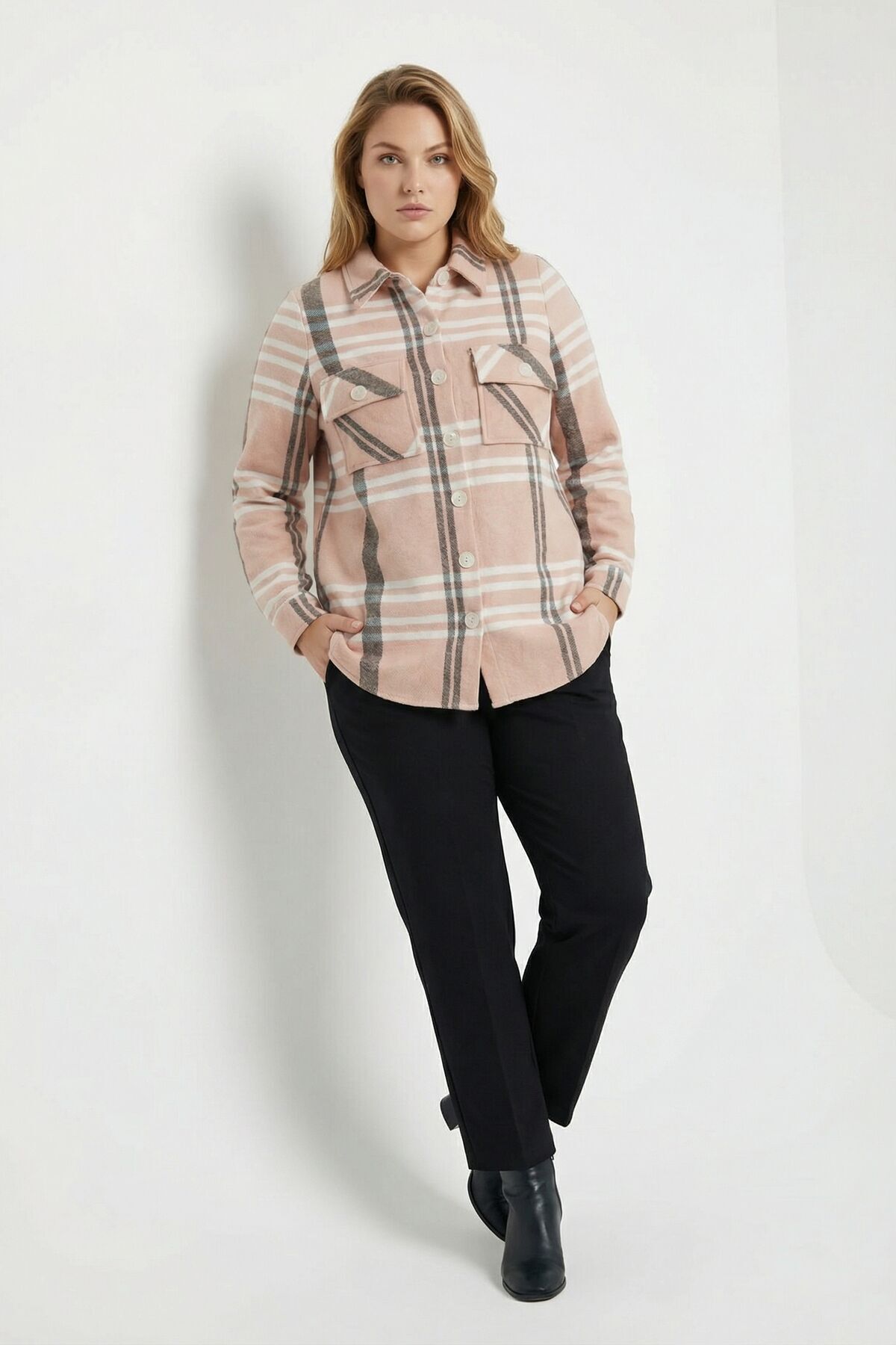Plus Size Buttoned Pocketed Coffee Lumberjack Shirt