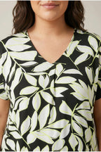 Plus Size V-Neck Short Sleeve Leaf Patterned Blouse