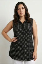 Plus Size Polo Neck Sleeveless Buttoned Polka Dot T-shirt
