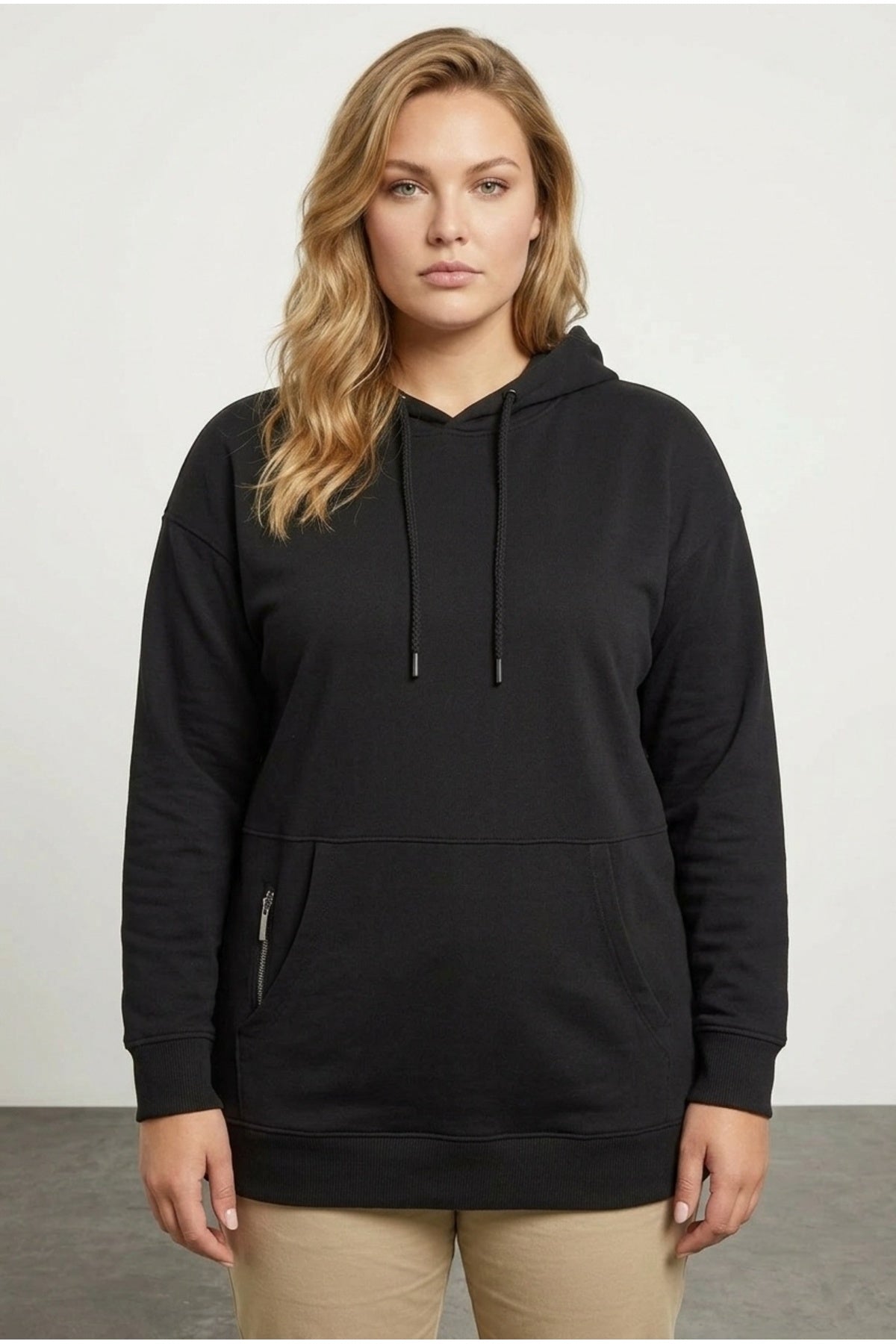 Plus Size Hooded Pocketed Sweatshirt with Zipper Detail