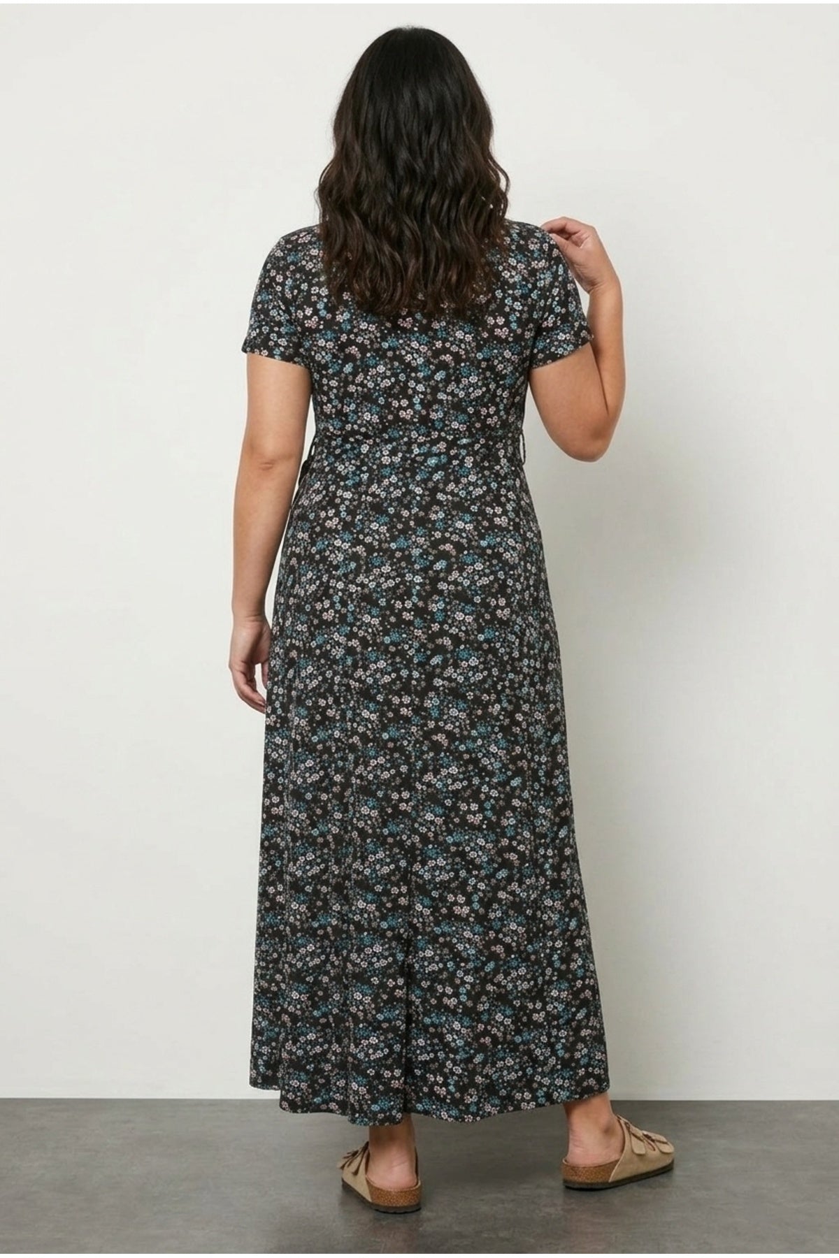 Plus Size V-neck Short Sleeve Belted Waist Floral Print Maxi Dress