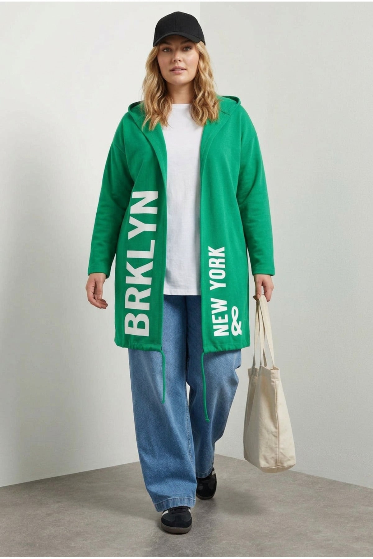 Plus Size Hooded Long Sleeve Text Print Pocketless Cardigan