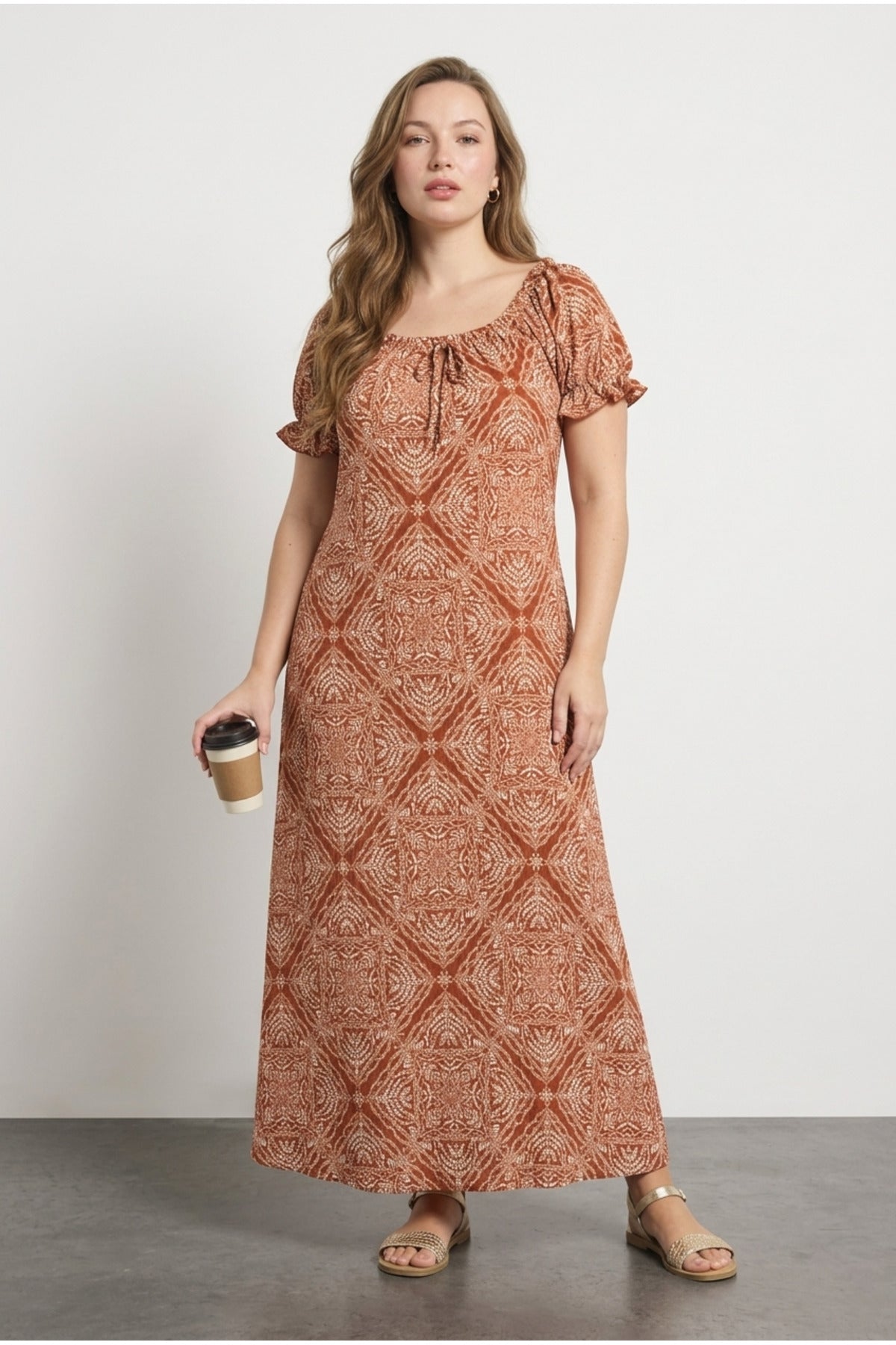 Plus Size Square Neck Long Dress with Ruffled Sleeves, Tie Detail, and Stretchy Fabric