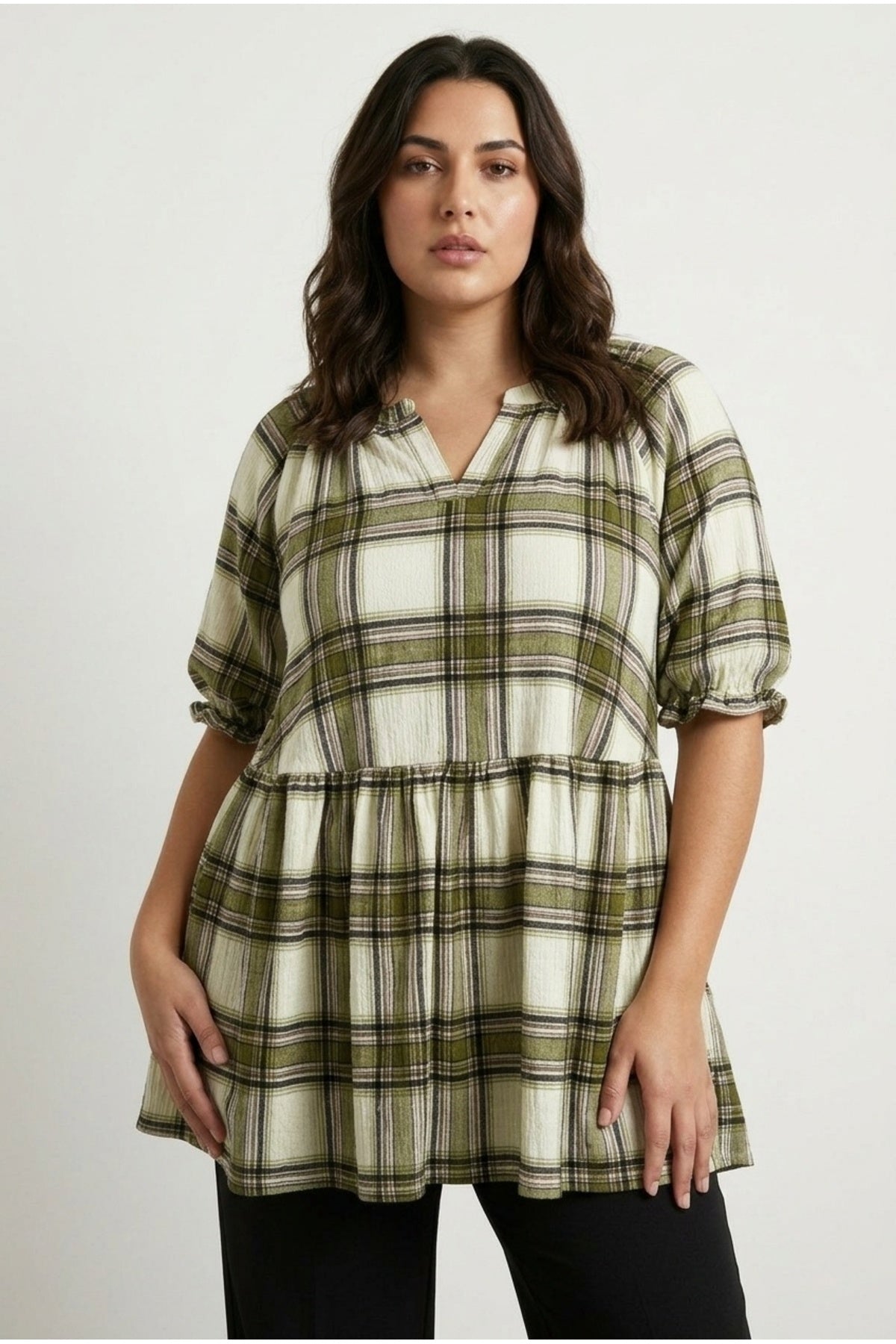 Plus Size Short Sleeve V-Neck Peplum Elasticated Waist Plaid T-shirt