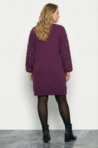 Plus Size Pearl and Stone Embroidered Soft Textured Purple Dress