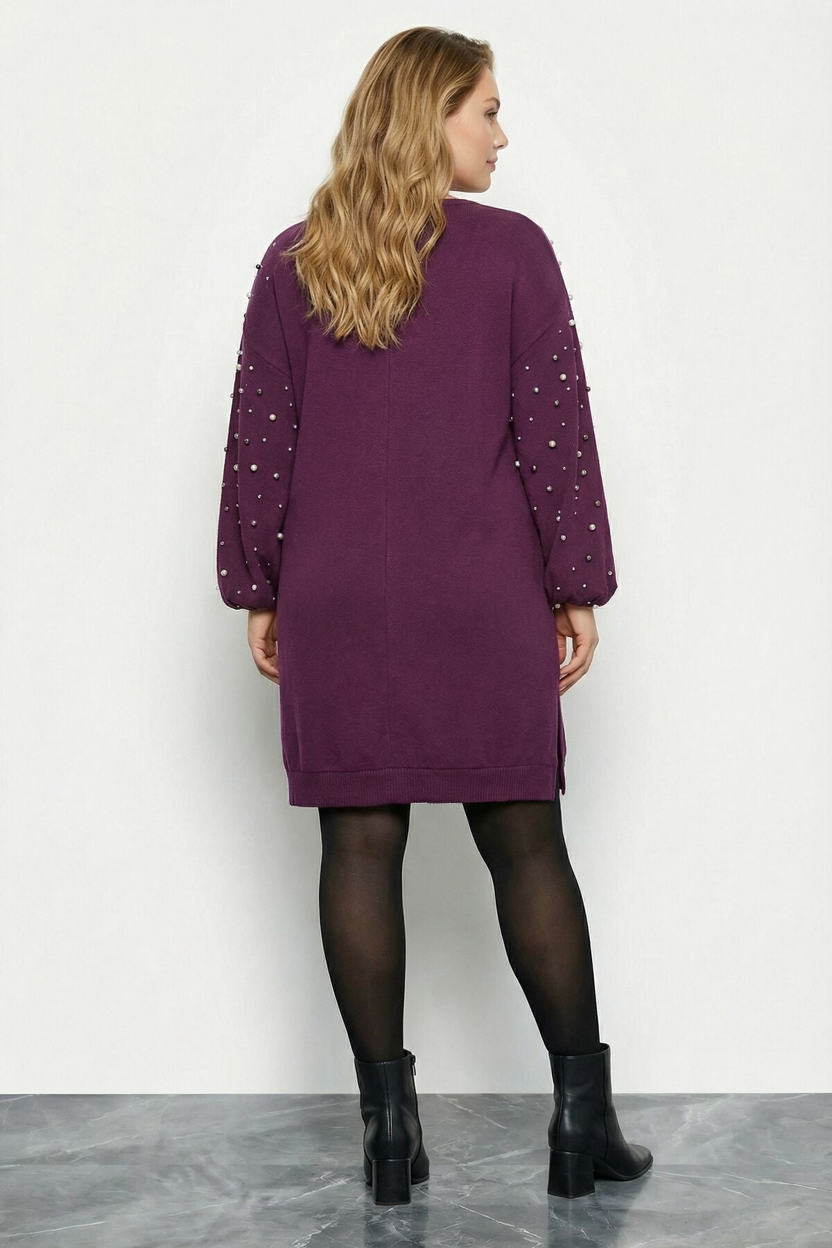 Plus Size Pearl and Stone Embroidered Soft Textured Purple Dress