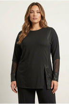 Plus Size Faux Leather Detailed Mesh Sleeve Slit Blouse