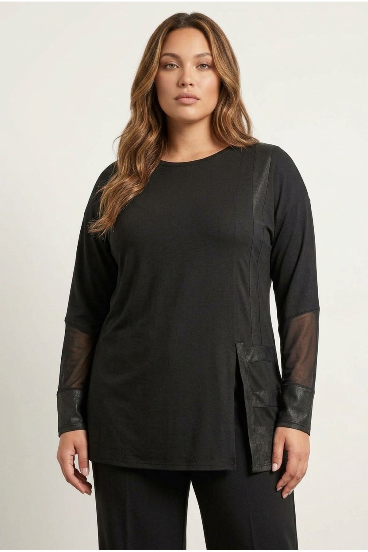 Plus Size Faux Leather Detailed Mesh Sleeve Slit Blouse