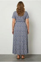 Plus Size V-Neck Patterned Belted Short Sleeve Wrap Dress