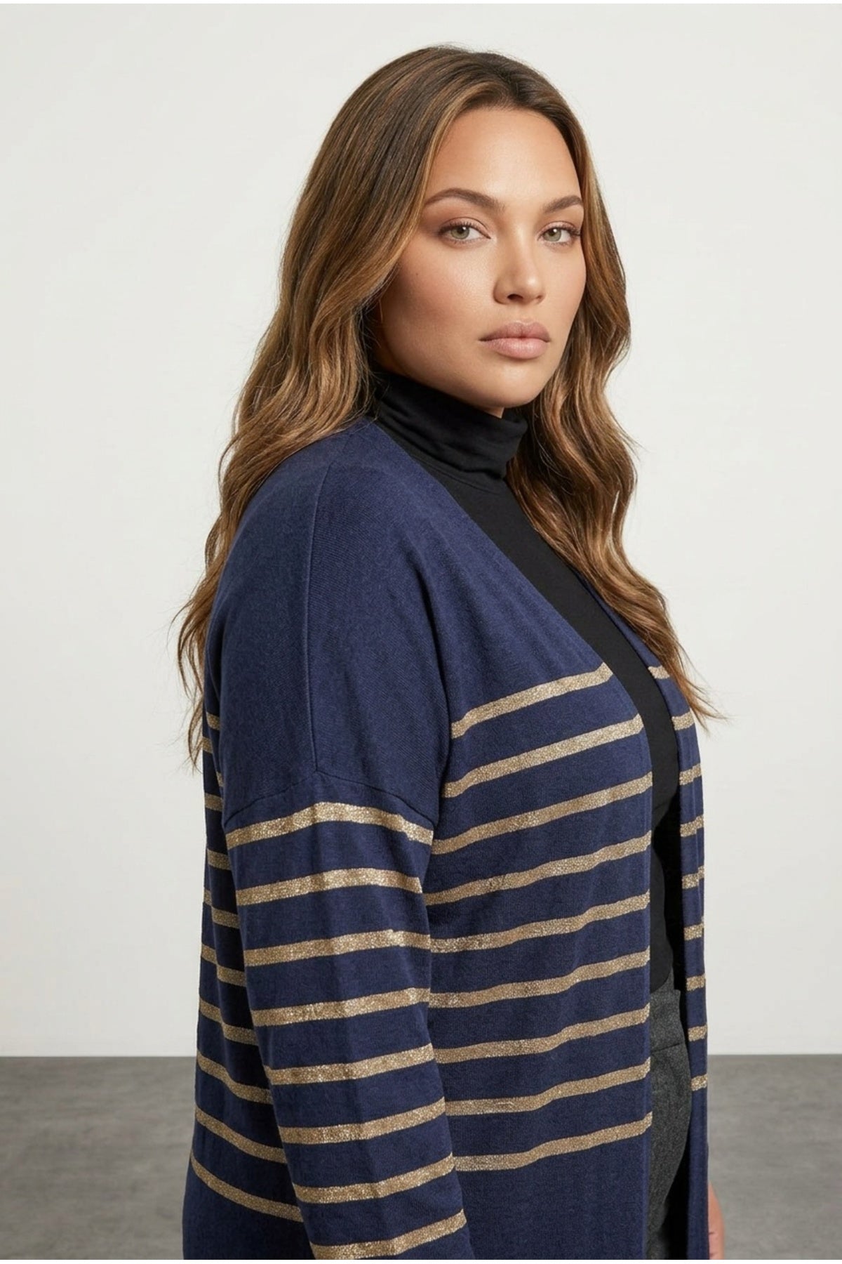 Plus Size Buttonless Long Sleeve Metallic Striped Cardigan