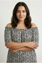 Plus Size Off-Shoulder Short Sleeve Button-Detailed Patterned Blouse