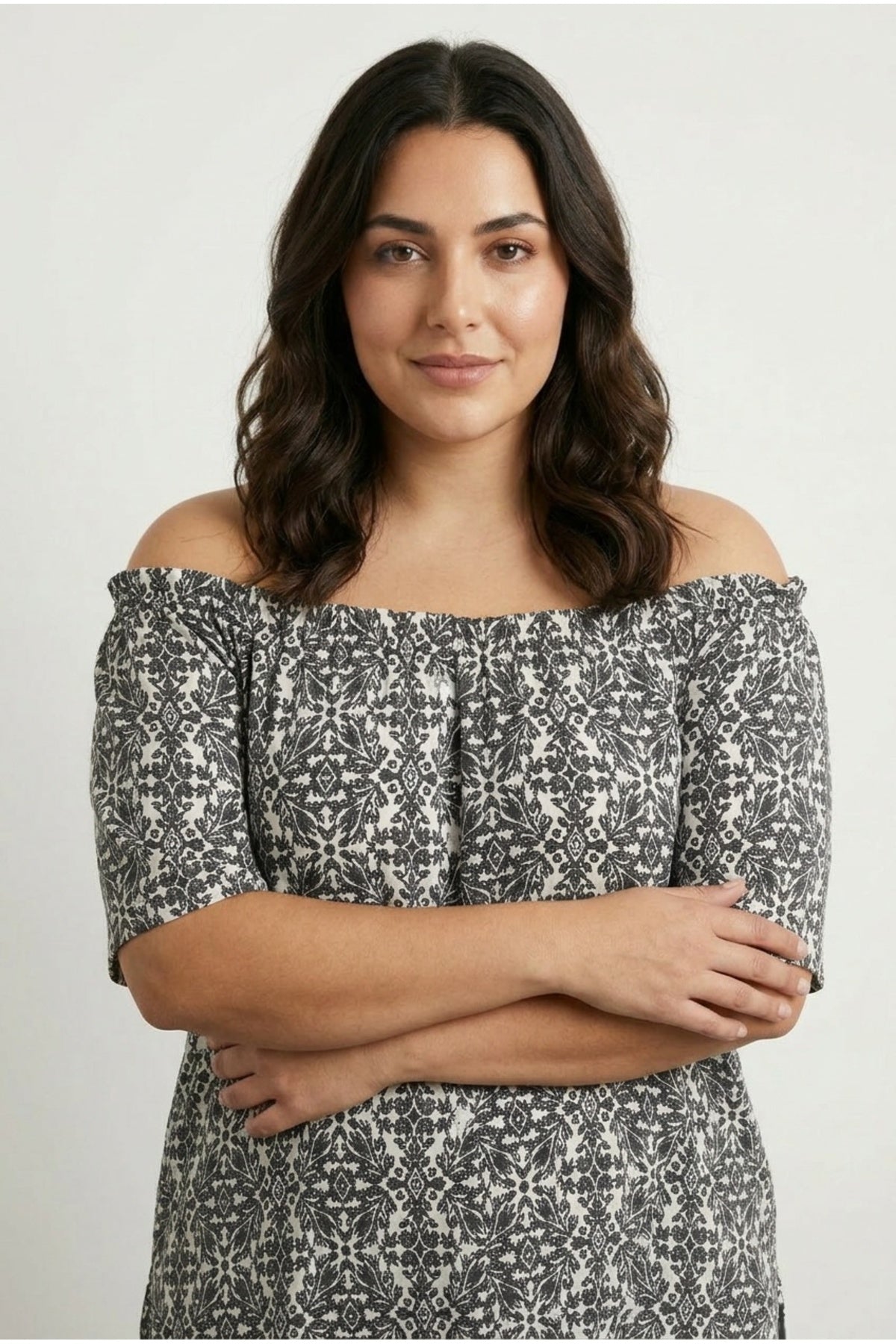 Plus Size Off-Shoulder Short Sleeve Button-Detailed Patterned Blouse