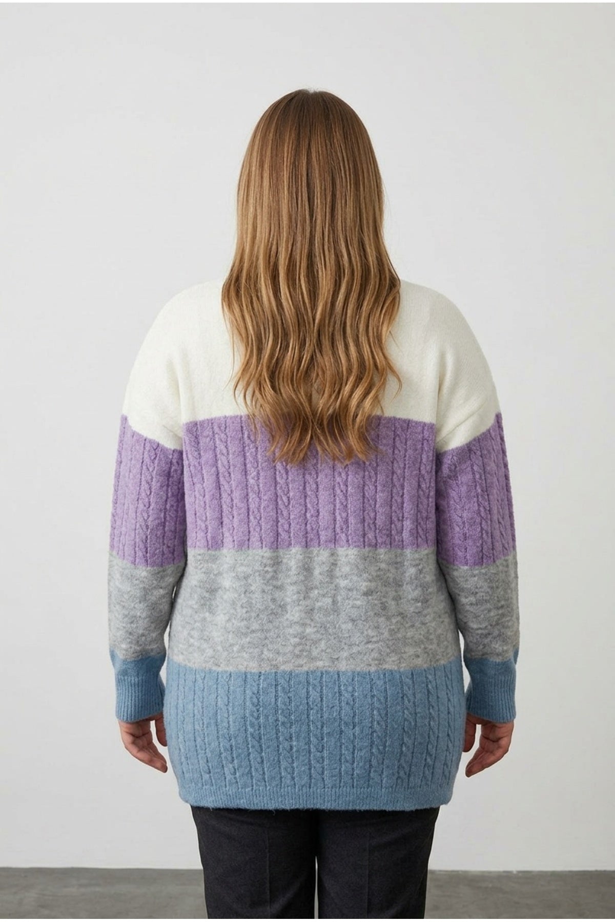 Plus Size Long Sleeve Open Front Color Block Knit Cardigan