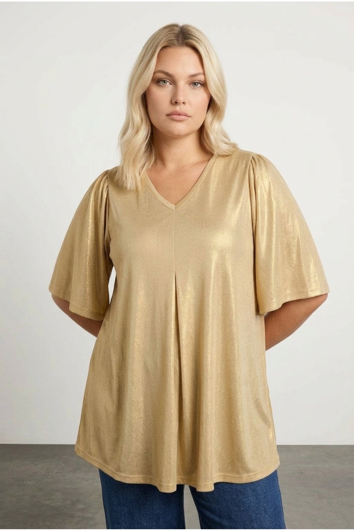 Plus Size V-Neck Short Sleeve Shimmering Look Blouse