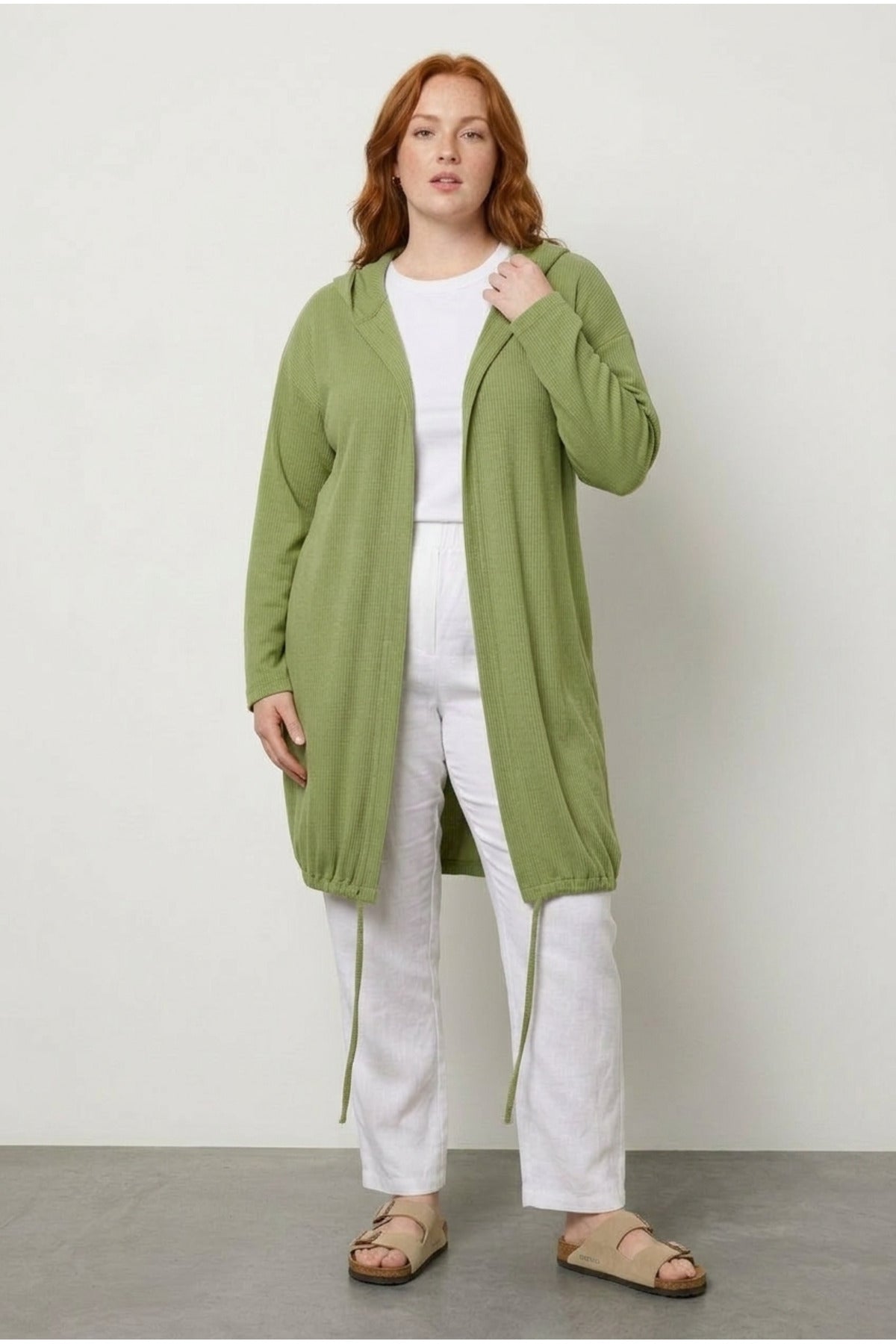 Plus Size Open Front Hooded Long Cardigan with Stretchy Fabric