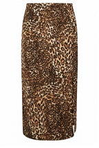 Plus Size Elastic Waist Slit Leopard Print Midi Length Skirt