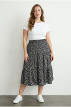 Plus Size Elastic Waist Pleated Skirt with Minimal Floral Print and Stretchy Fabric