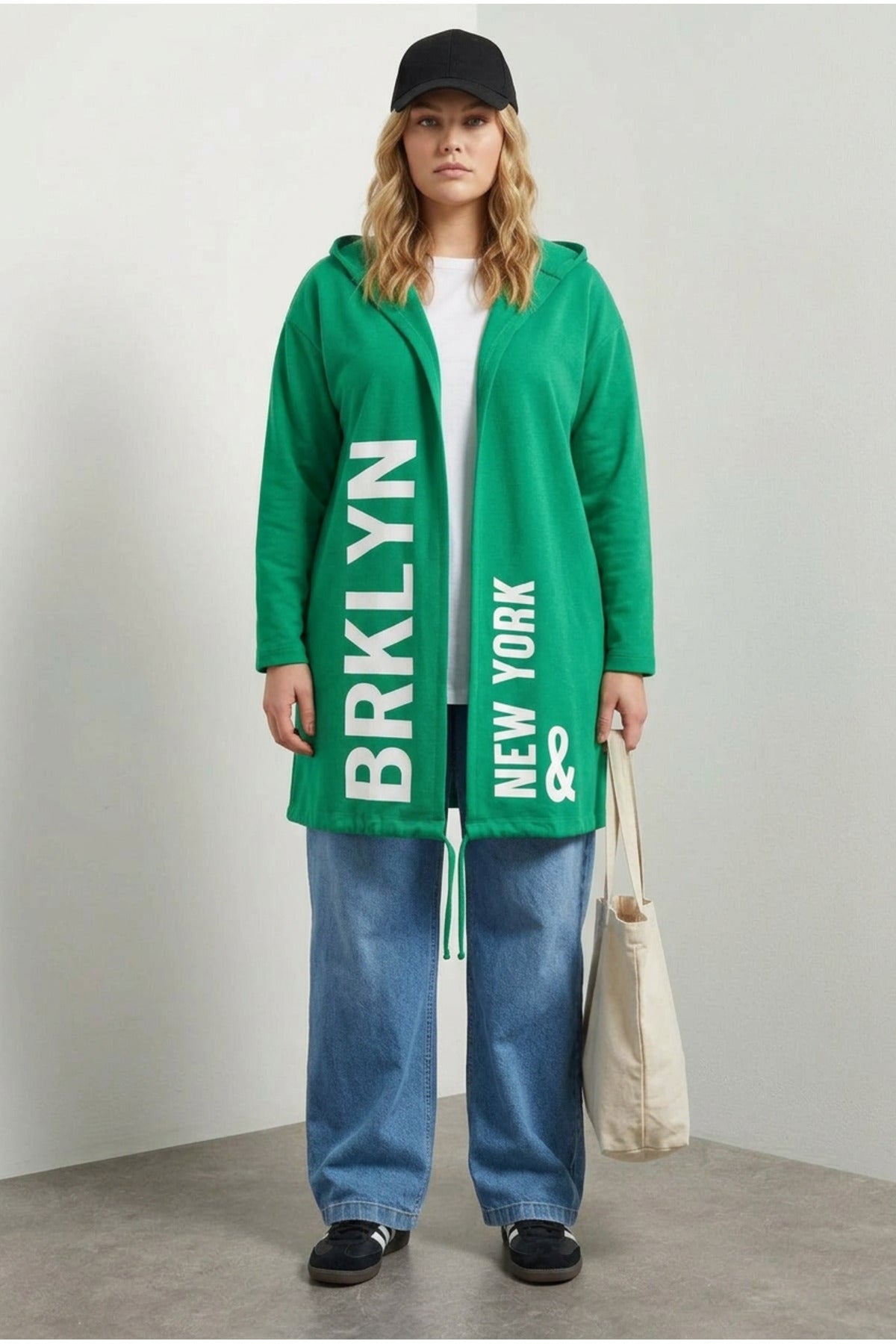 Plus Size Hooded Long Sleeve Text Print Pocketless Cardigan