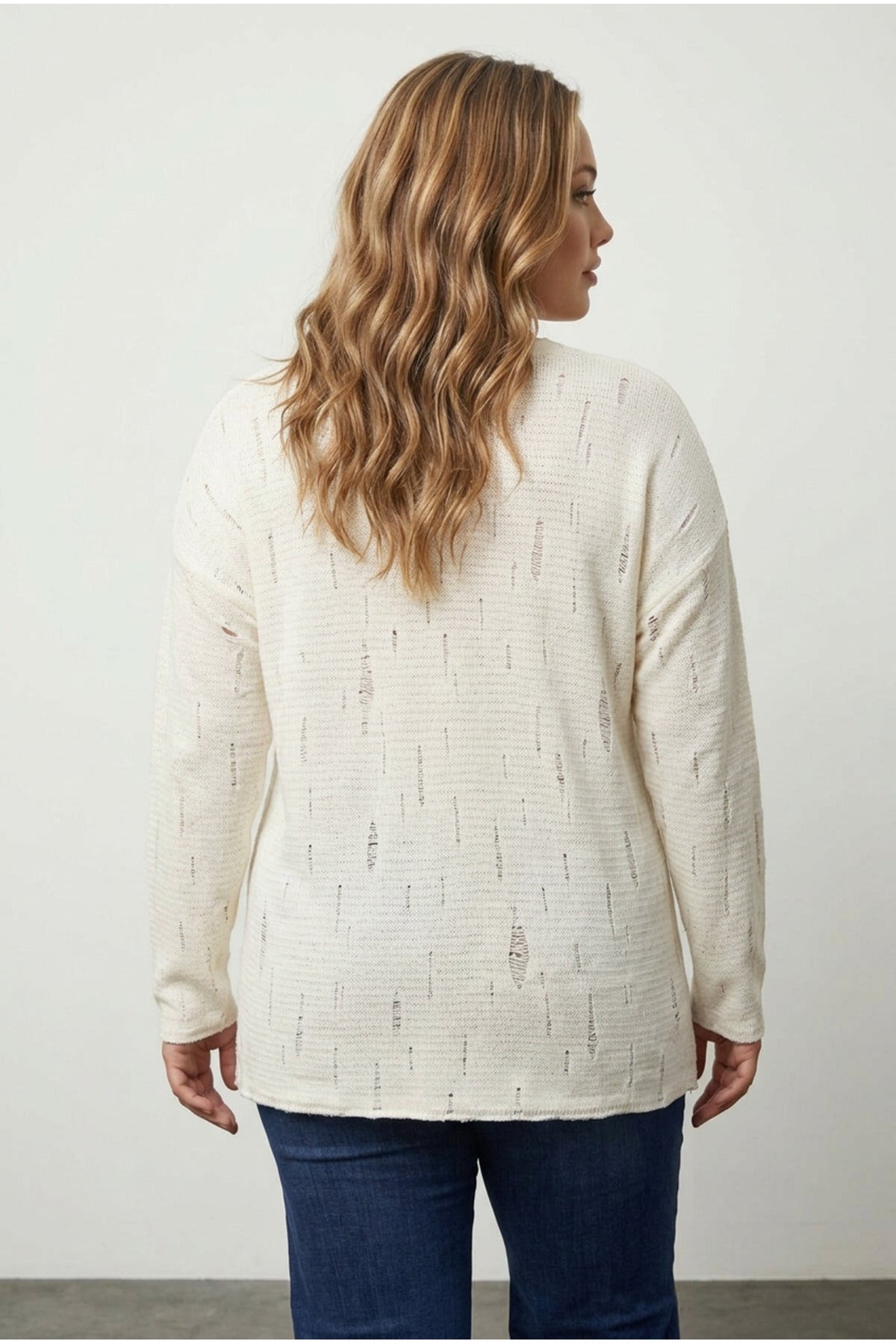 Plus Size Ecru Knit Sweater with Distressed Details