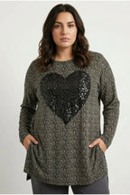 Plus Size Slit Detail Polka Dot Sequined Long Sleeve Crew Neck Blouse