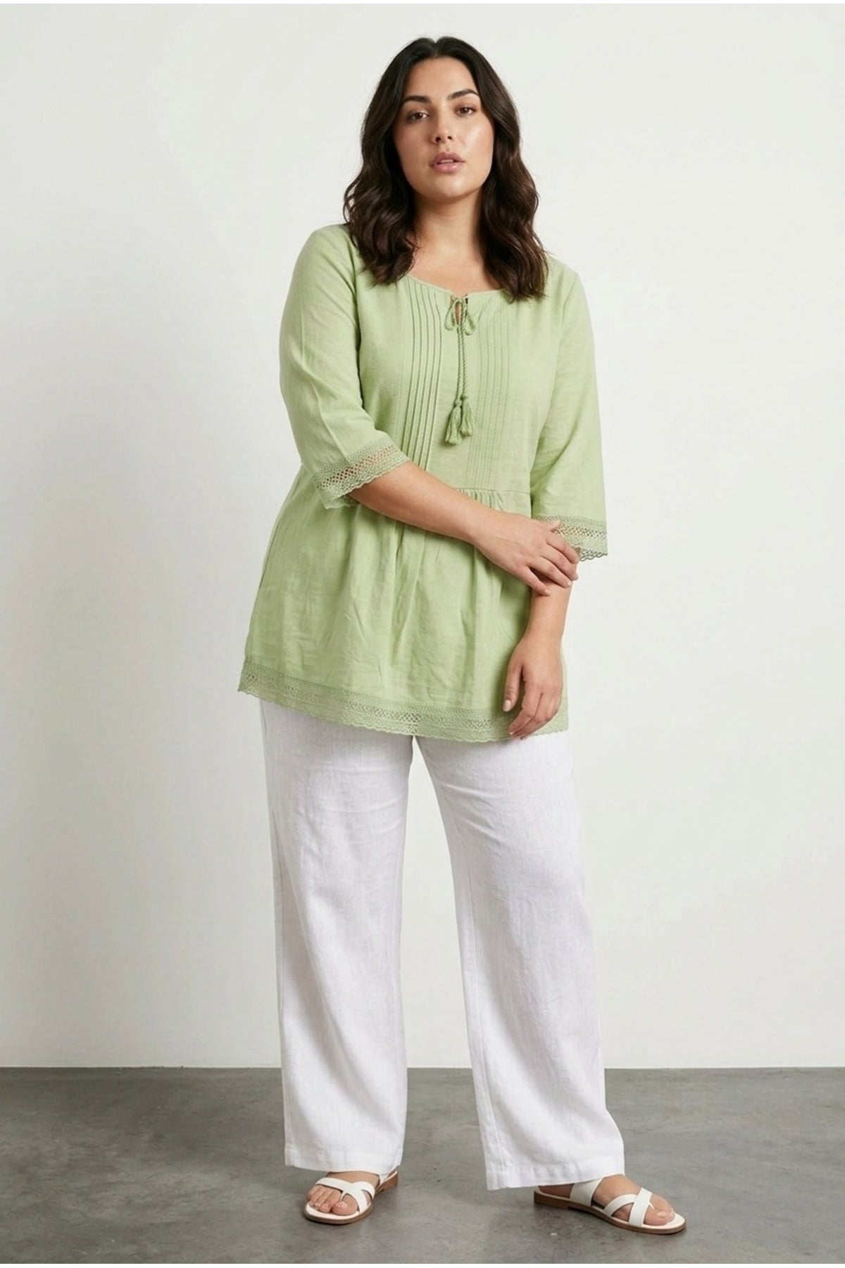 Plus Size Tie-Neck Puff Sleeve Lace Long T-shirt