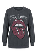 Plus Size Crew Neck Printed Sequin Detailed Washed Sweatshirt