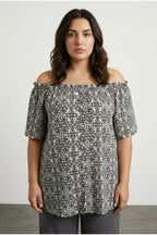 Plus Size Off-Shoulder Short Sleeve Button-Detailed Patterned Blouse