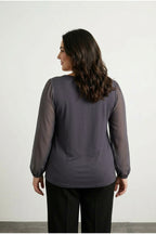 Plus Size Long Tulle Sleeve Stone Embellished Front Crew Neck Blouse