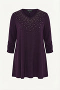 Plus Size Stone Embellished Shirred Sleeve Purple Plush Blouse