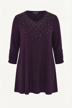 Plus Size Stone Embellished Shirred Sleeve Purple Plush Blouse
