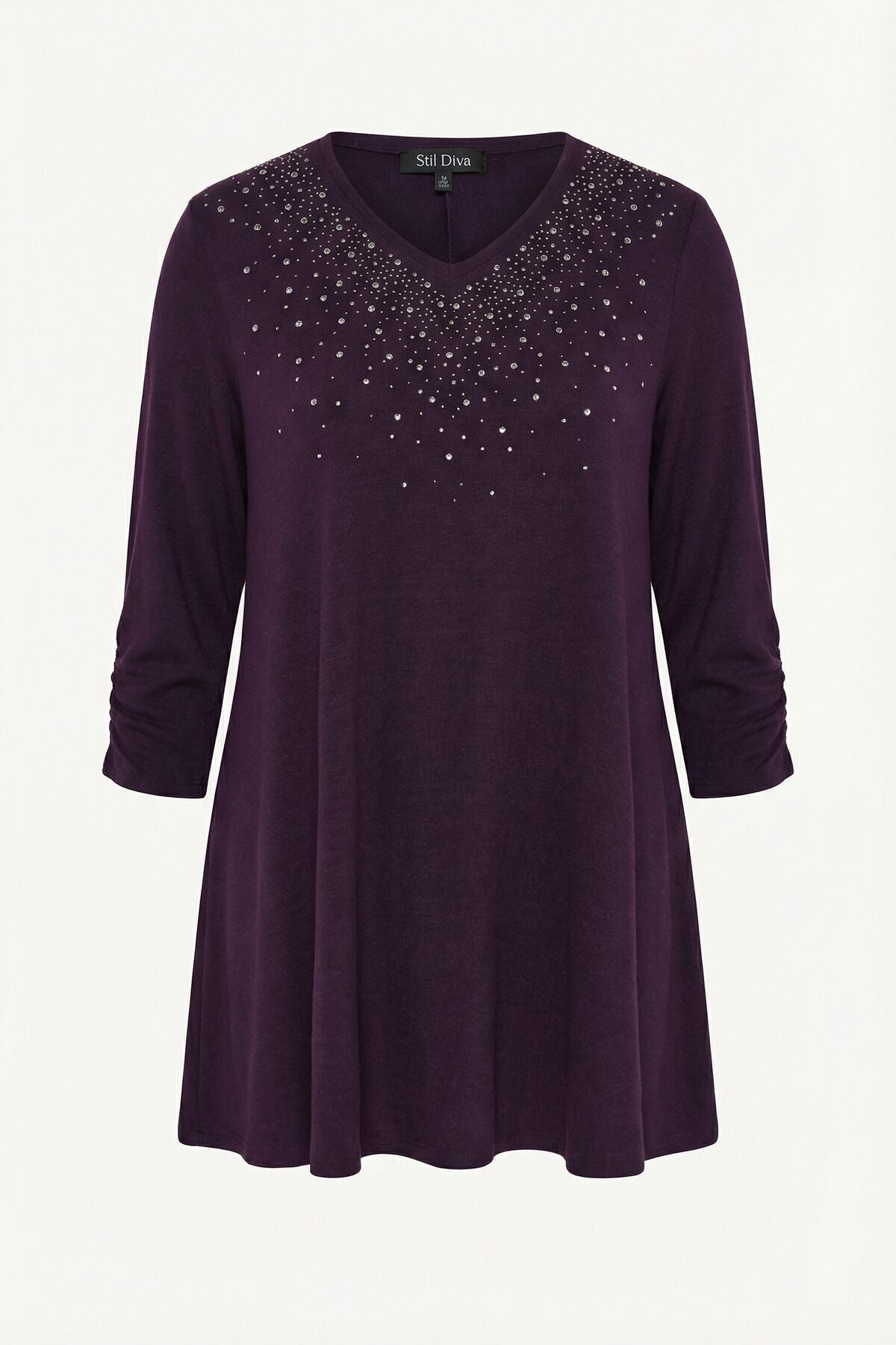 Plus Size Stone Embellished Shirred Sleeve Purple Plush Blouse