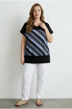 Plus Size V-Neck Short Sleeve Striped Stretchy Fabric T-shirt