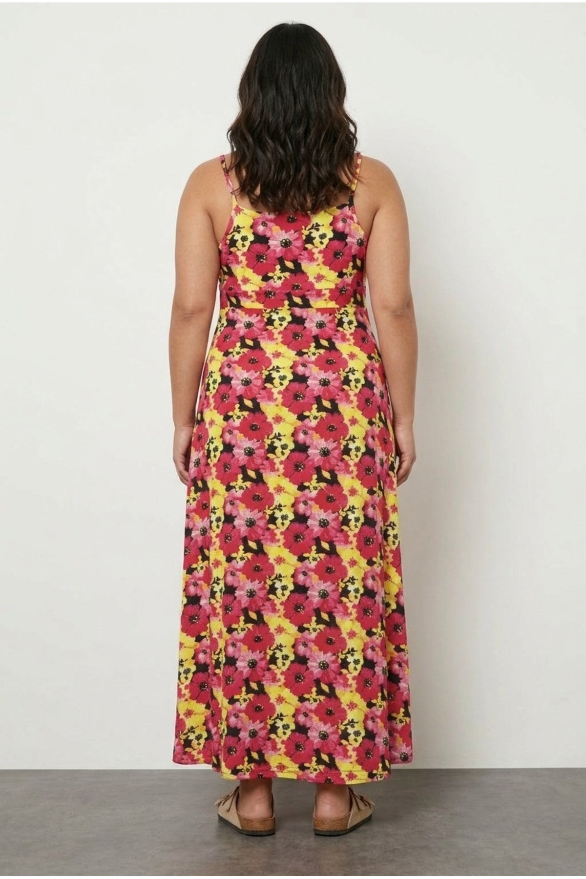 Plus Size Front Shirred Strappy Floral Print Buttoned Dress